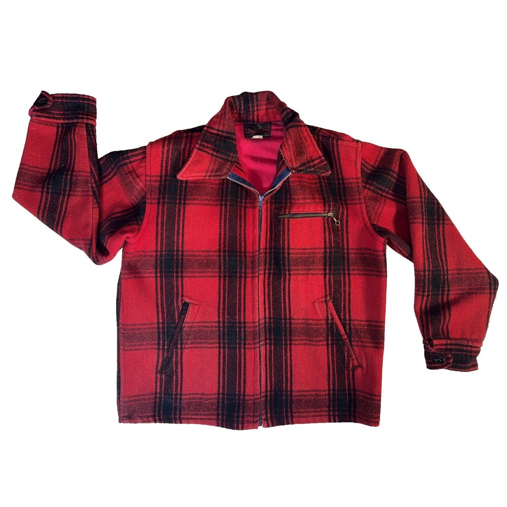 Vintage Johnson Woolen Mills Coat Mens 40 Red Plaid Wool Hunting Togs 60s? 70s